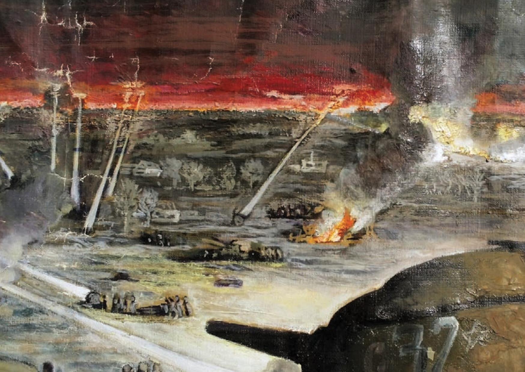 Das Ölgemälde mit dem Titel „Nachtangriff auf die Seelower Höhen“ zeigt in einer Momentaufnahme den Angriff der Roten Armee in Richtung der Seelower Höhen. Ein Panzerturm ist ausschnittsweise rechtsunten im Vordergrund zu sehen. Die nächtliche Oderbruchebene wird durch die Leuchtkegel der sowjetischen Scheinwerfer erhellt. Die Seelower Höhen versinken in einem einzigen Feuerschein. Stellungen oder Aktionen des Gegners sind nicht zu erkennen.